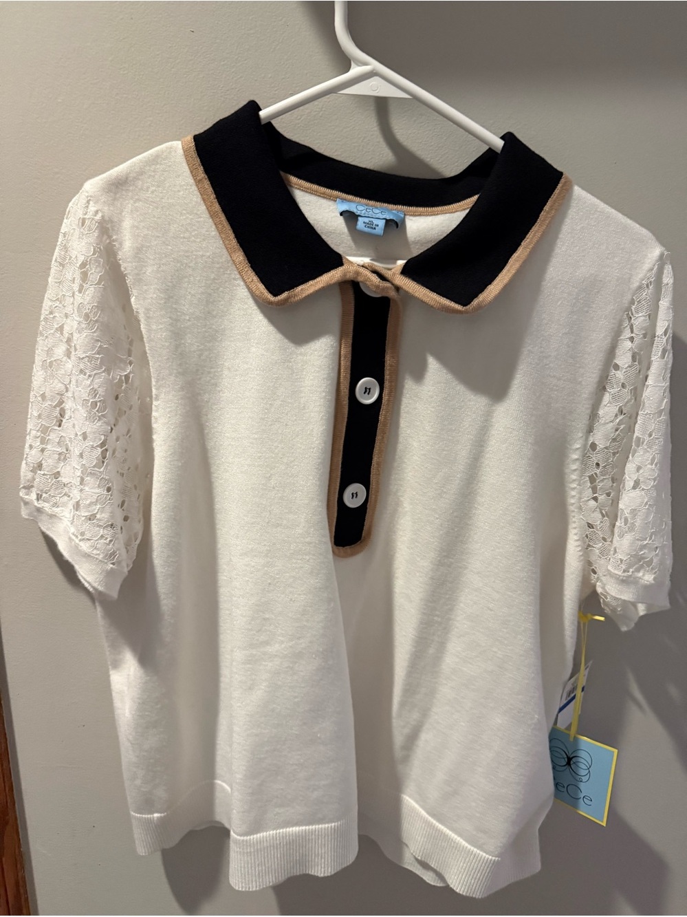 Women’s White Knit Polo Top with Black Contrast Collar